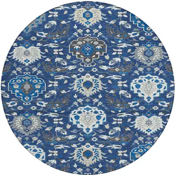 8' Navy Blue Charcoal And Ivory Round Damask Washable Indoor Outdoor Area Rug