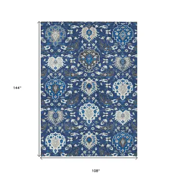 9' X 12' Navy Blue Charcoal And Ivory Damask Washable Indoor Outdoor Area Rug