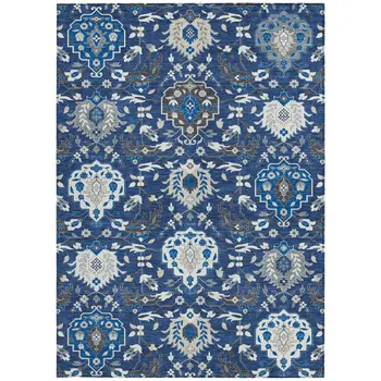 10' X 14' Navy Blue Charcoal And Ivory Damask Washable Indoor Outdoor Area Rug