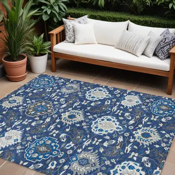 10' X 14' Navy Blue Charcoal And Ivory Damask Washable Indoor Outdoor Area Rug