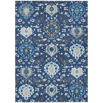 10' X 14' Navy Blue Charcoal And Ivory Damask Washable Indoor Outdoor Area Rug