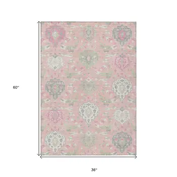 3' X 5' Pink Ivory And Gray Damask Washable Indoor Outdoor Area Rug
