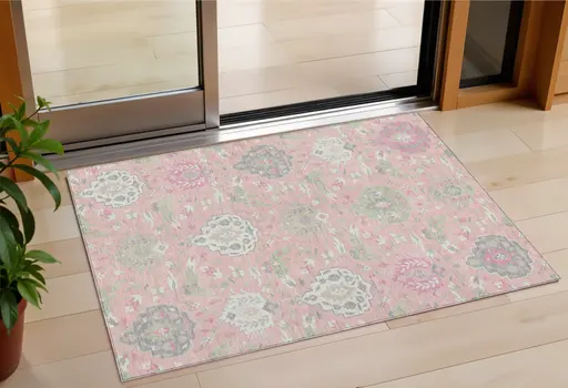 3' X 5' Pink Ivory And Gray Damask Washable Indoor Outdoor Area Rug