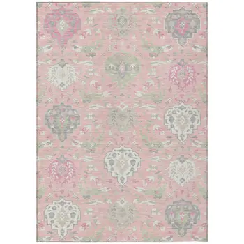 3' X 5' Pink Ivory And Gray Damask Washable Indoor Outdoor Area Rug