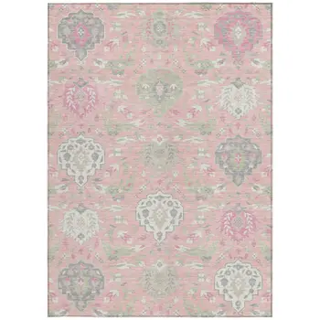 5' X 8' Pink Ivory And Gray Damask Washable Indoor Outdoor Area Rug