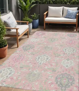 5' X 8' Pink Ivory And Gray Damask Washable Indoor Outdoor Area Rug