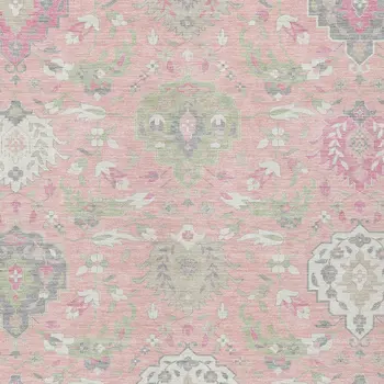5' X 8' Pink Ivory And Gray Damask Washable Indoor Outdoor Area Rug