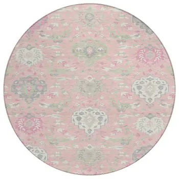 8' Pink Ivory And Gray Round Damask Washable Indoor Outdoor Area Rug