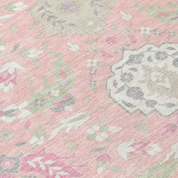 8' Pink Ivory And Gray Round Damask Washable Indoor Outdoor Area Rug