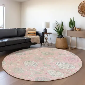 8' Pink Ivory And Gray Round Damask Washable Indoor Outdoor Area Rug