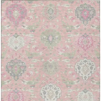 9' X 12' Pink Ivory And Gray Damask Washable Indoor Outdoor Area Rug