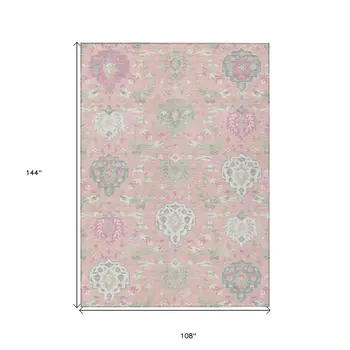 9' X 12' Pink Ivory And Gray Damask Washable Indoor Outdoor Area Rug