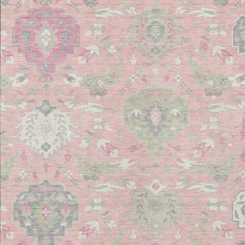 9' X 12' Pink Ivory And Gray Damask Washable Indoor Outdoor Area Rug