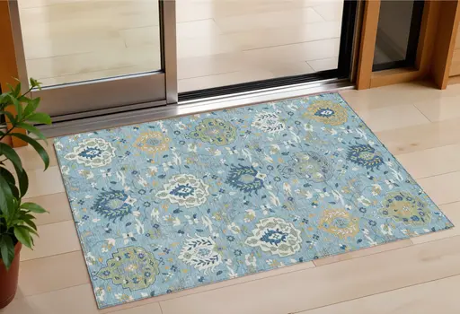 3' X 5' Sky Blue Ivory And Gold Damask Washable Indoor Outdoor Area Rug