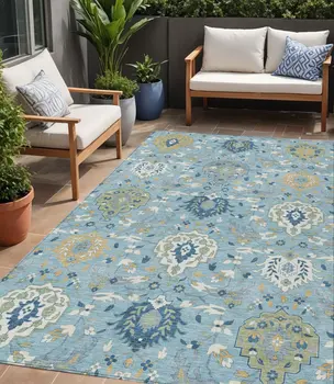 5' X 8' Sky Blue Ivory And Gold Damask Washable Indoor Outdoor Area Rug
