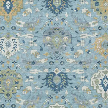 5' X 8' Sky Blue Ivory And Gold Damask Washable Indoor Outdoor Area Rug