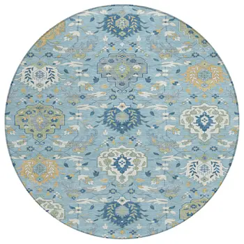 8' Sky Blue Ivory And Gold Round Damask Washable Indoor Outdoor Area Rug