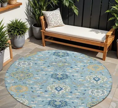 8' Sky Blue Ivory And Gold Round Damask Washable Indoor Outdoor Area Rug