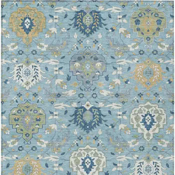 9' X 12' Sky Blue Ivory And Gold Damask Washable Indoor Outdoor Area Rug