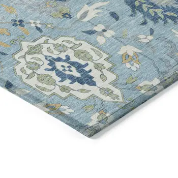 9' X 12' Sky Blue Ivory And Gold Damask Washable Indoor Outdoor Area Rug