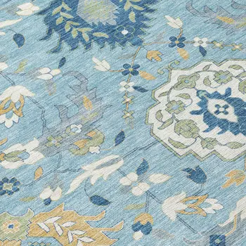 9' X 12' Sky Blue Ivory And Gold Damask Washable Indoor Outdoor Area Rug