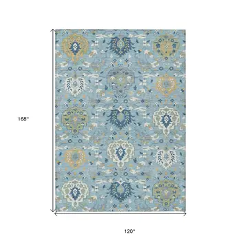 10' X 14' Sky Blue Ivory And Gold Damask Washable Indoor Outdoor Area Rug