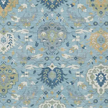 10' X 14' Sky Blue Ivory And Gold Damask Washable Indoor Outdoor Area Rug