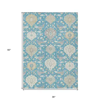 3' X 5' Teal Blue Gray And Ivory Damask Washable Indoor Outdoor Area Rug