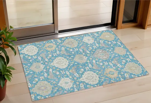 3' X 5' Teal Blue Gray And Ivory Damask Washable Indoor Outdoor Area Rug