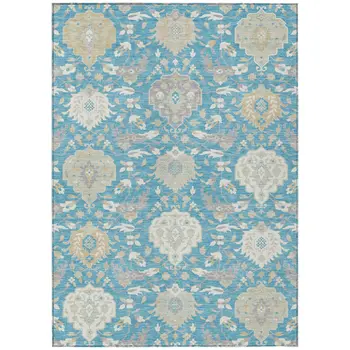 3' X 5' Teal Blue Gray And Ivory Damask Washable Indoor Outdoor Area Rug