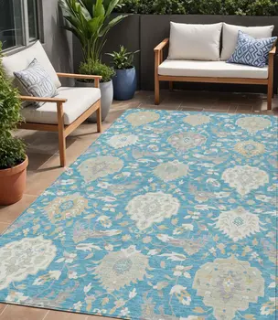 5' X 8' Teal Blue Gray And Ivory Damask Washable Indoor Outdoor Area Rug