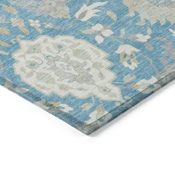 5' X 8' Teal Blue Gray And Ivory Damask Washable Indoor Outdoor Area Rug