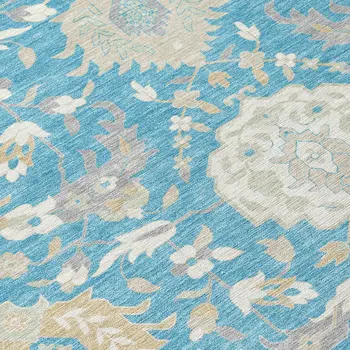 5' X 8' Teal Blue Gray And Ivory Damask Washable Indoor Outdoor Area Rug