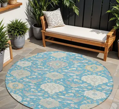 8' Teal Blue Gray And Ivory Round Damask Washable Indoor Outdoor Area Rug