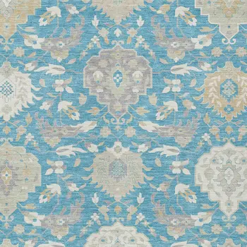 8' X 10' Teal Blue Gray And Ivory Damask Washable Indoor Outdoor Area Rug