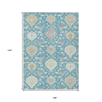 9' X 12' Teal Blue Gray And Ivory Damask Washable Indoor Outdoor Area Rug