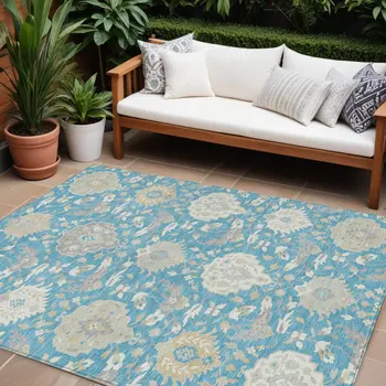 9' X 12' Teal Blue Gray And Ivory Damask Washable Indoor Outdoor Area Rug