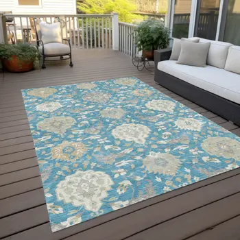 9' X 12' Teal Blue Gray And Ivory Damask Washable Indoor Outdoor Area Rug