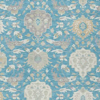 10' X 14' Teal Blue Gray And Ivory Damask Washable Indoor Outdoor Area Rug