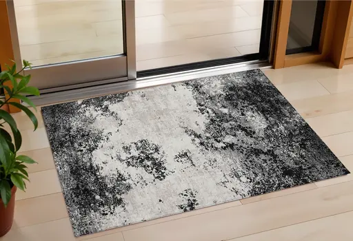 3' X 5' Black Gray And Ivory Abstract Washable Indoor Outdoor Area Rug