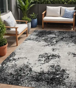5' X 8' Black Gray And Ivory Abstract Washable Indoor Outdoor Area Rug