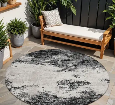 8' Black Gray And Ivory Round Abstract Washable Indoor Outdoor Area Rug