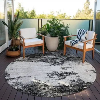 8' Black Gray And Ivory Round Abstract Washable Indoor Outdoor Area Rug
