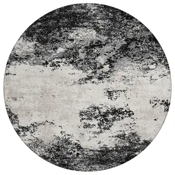 8' Black Gray And Ivory Round Abstract Washable Indoor Outdoor Area Rug