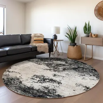 8' Black Gray And Ivory Round Abstract Washable Indoor Outdoor Area Rug
