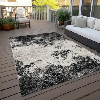 10' X 14' Black Gray And Ivory Abstract Washable Indoor Outdoor Area Rug