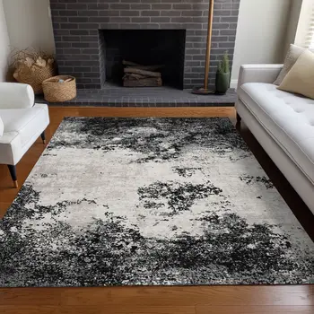 10' X 14' Black Gray And Ivory Abstract Washable Indoor Outdoor Area Rug