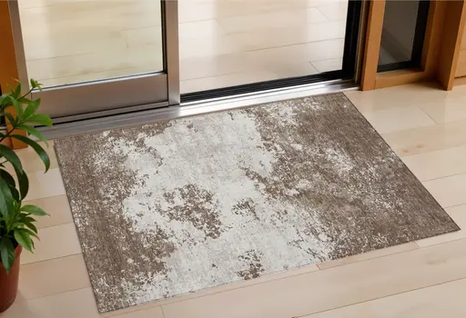 3' X 5' Brown And Beige Abstract Washable Indoor Outdoor Area Rug
