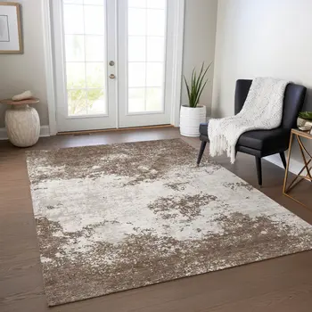5' X 8' Brown And Beige Abstract Washable Indoor Outdoor Area Rug