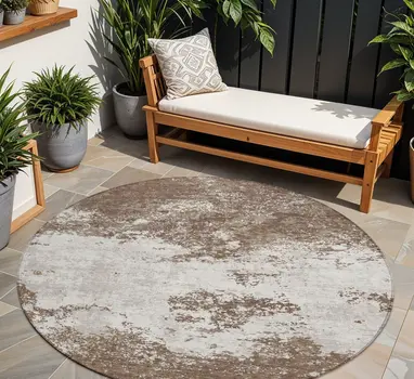 8' Brown And Beige Round Abstract Washable Indoor Outdoor Area Rug
